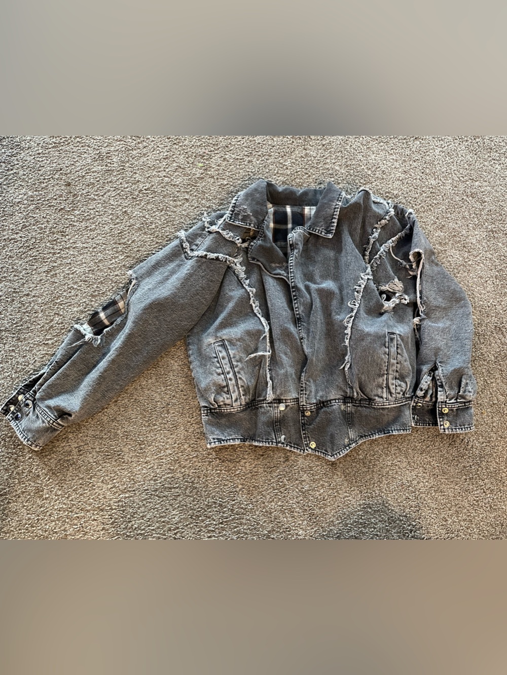 Retrofete Grey Distressed Denim Jacket with Plaid Peek